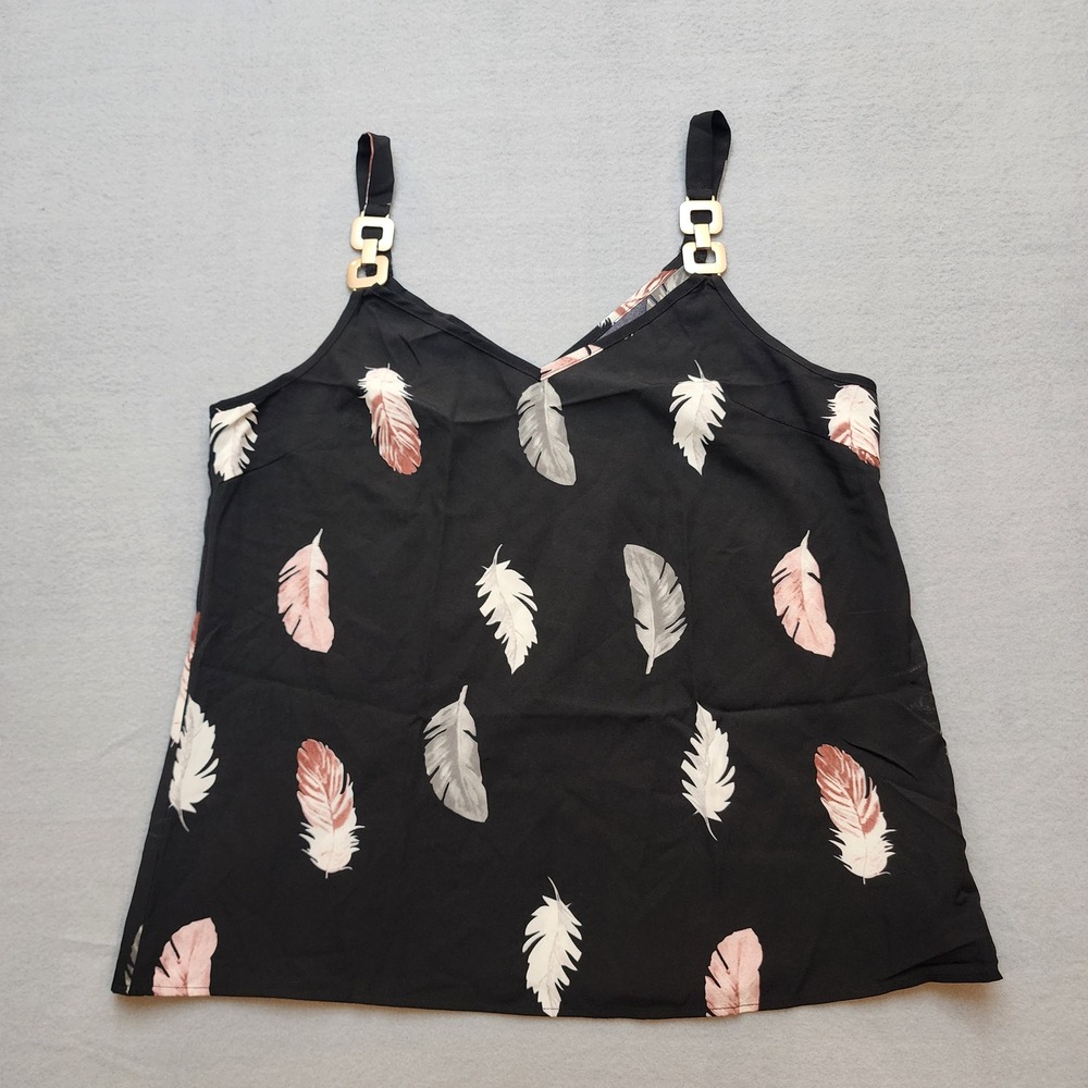 Black‎ Feather Print V-Neck Camisole Tank Top with Gold Chain Straps Medium